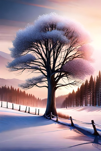 schöner Baum in der Winterlandschaft am späten Abend im Schneefall, digitale Kunstillustrationsmalerei