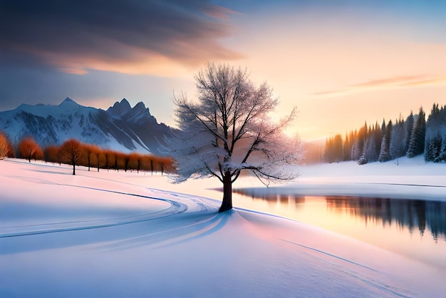 schöner Baum in der Winterlandschaft am späten Abend im Schneefall, digitale Kunstillustrationsmalerei