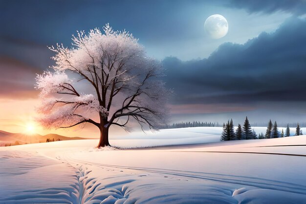 Foto schöner baum in der winterlandschaft am späten abend im schneefall, digitale kunstillustrationsmalerei