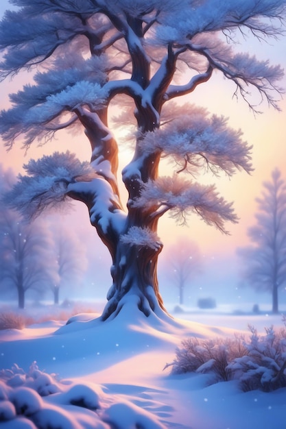 schöner Baum in der Winterlandschaft am späten Abend in digitaler Kunstillustration mit Schneefall