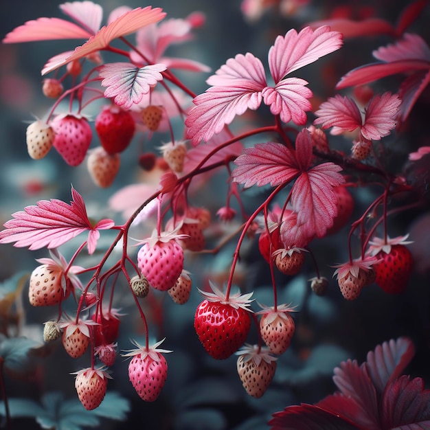 Schöner Beerenzweig japanischer Erdbeerstrauch mit natürlichen Blättern