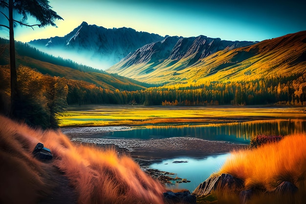 Schöner Bergsee im Herbstwald, Bonitobäume, Seeufer, Strand, Wasser, Berge, Spiegelung, Landschaft, HD-Hintergrundbild