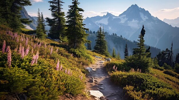 Schöner Bergweg mit Blumen und Kiefern