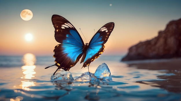 schöner blauer Schmetterling bei Sonnenaufgang im Wasserspray