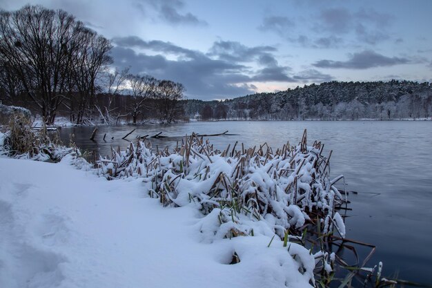 Foto schöner blick auf den gefrorenen see gegen den himmel im winter