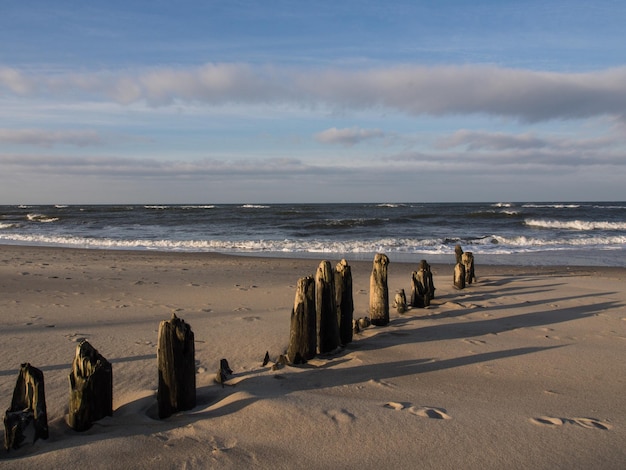 Schöner Blick auf den ruhigen Strand gegen den bewölkten Himmel