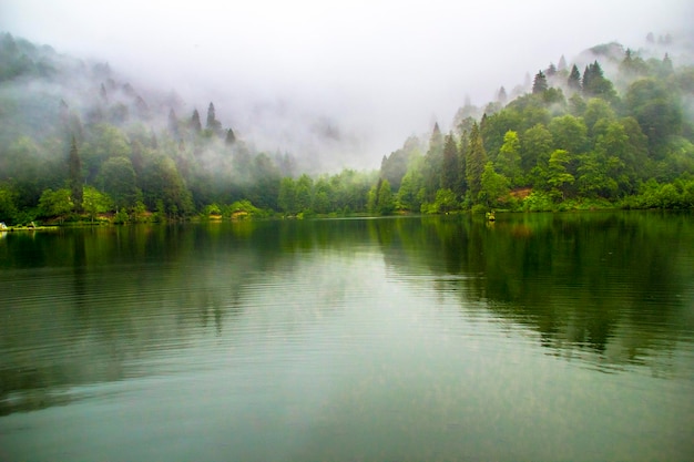 Schöner Blick auf den See an den Bergen bei nebligem Wetter