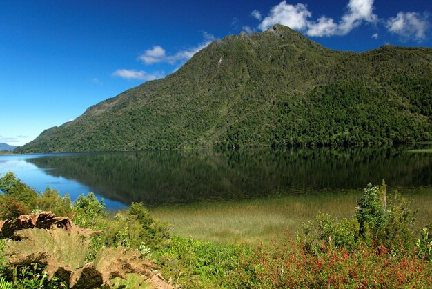 Foto schöner blick auf den see und die berge vor dem blauen himmel