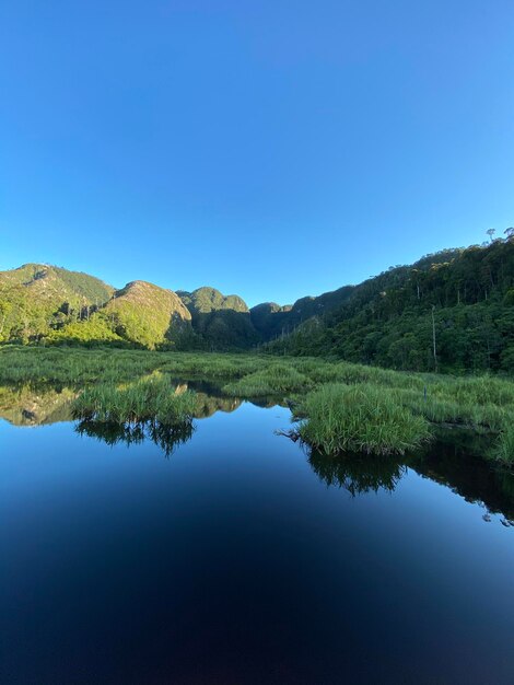 Schöner Blick auf den See vor klarem blauen Himmel