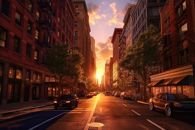 Schöner Blick auf die Straße in der Stadt bei Sonnenuntergang
