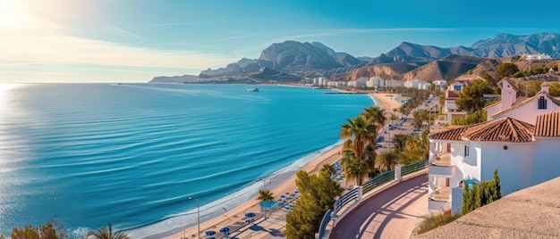 Schöner Blick auf die wunderschöne Stadt Albir mit dem Hauptboulevard, der Promenade und dem Strand