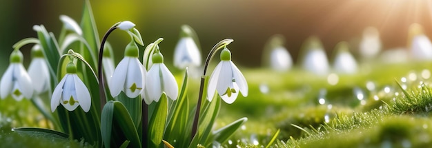 Foto schöner blick auf die zarten schneeflockenblumen, die mit glänzenden morgentautropfen geschmückt sind