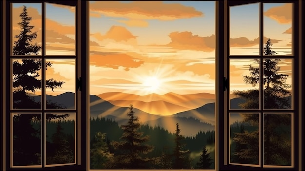 Schöner Blick aus dem Fenster auf die Berglandschaft beim Sonnenuntergang