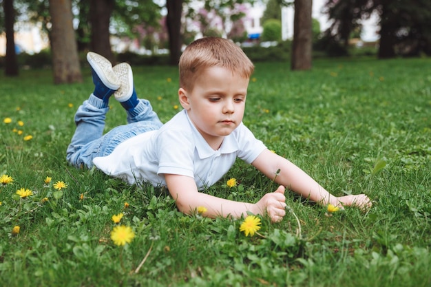 Schöner blonder Junge, süßer Junge, der im Gras auf einem Blumenfeld mit Löwenzahn liegt