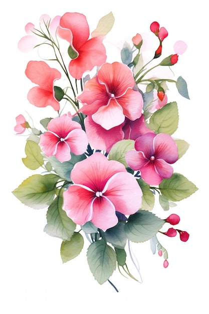 Schöner Blumen-Aquarellstrauß auf weißem Hintergrund Generative KI