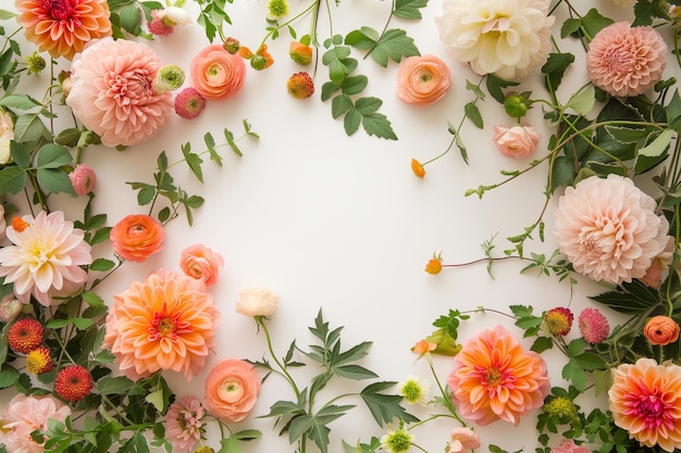 Schöner Blumenrahmen mit bunten Blüten und grünen Blättern als Hintergrund