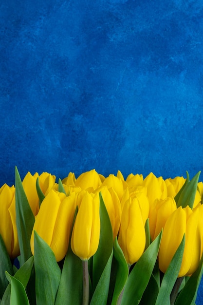 Schöner Blumenstrauß aus gelben Tulpen auf blauem Betonhintergrund Draufsicht Kopierraum