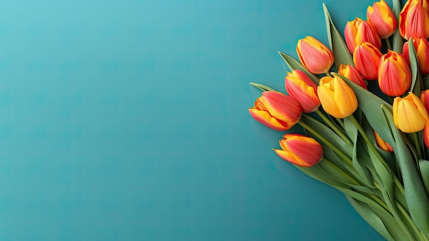 Schöner Blumenstrauß farbenfroher Tulpenblumen auf blauem Hintergrund mit Kopierraum für Text