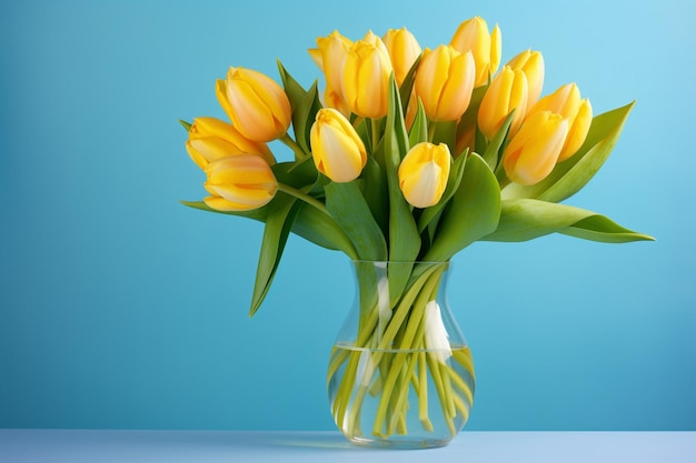 Schöner Blumenstrauß frischer gelber Tulpen auf Blau