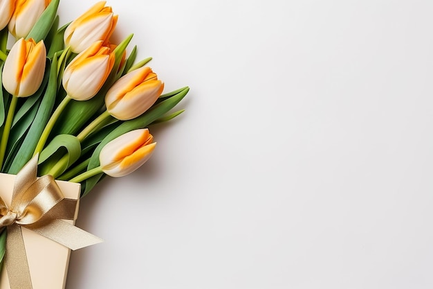 Schöner Blumenstrauß und Geschenkbox auf weißem Hintergrund. Ai generiert