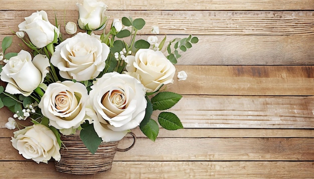 Foto schöner blumenstrauß weißer rosen auf hölzernem hintergrund