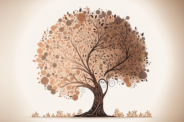 Schöner brauner Baum mit einsamen visuellen Darstellungen der Verzierungen gegen einen weißen Hintergrund, der eigenhändig eine Silhouette skizziert Zweig in dekorativer Kunst, die ab ist