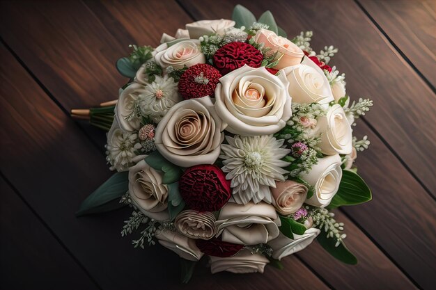 Schöner Brautstrauß aus verschiedenen Blumen auf dunklem Hintergrund ai generativ