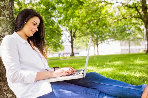 Schöner Brunette, der Laptop im Park verwendet