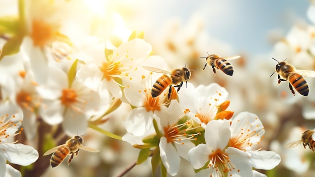 Schöner bunter Sommerfrühlingshintergrund mit natürlichen Blumen. Bienen arbeiten an einem hellen, sonnigen Tag