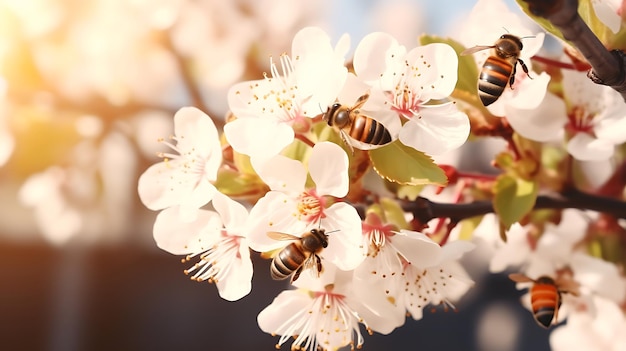 Schöner bunter Sommerfrühlingshintergrund mit natürlichen Blumen. Bienen arbeiten an einem hellen, sonnigen Tag