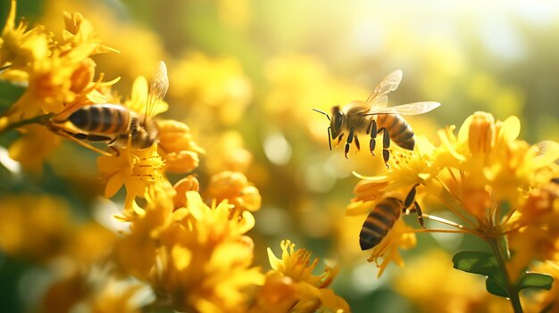 Schöner bunter Sommerfrühlingshintergrund mit natürlichen Blumen. Bienen arbeiten an einem hellen, sonnigen Tag