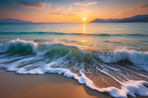 Schöner bunter Sonnenuntergang am Strand mit Meer und Wellen