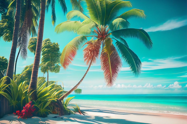 Schöner bunter Sonnenuntergang-Hintergrund Tropical Ocean Beach Illustration Generative AI