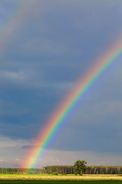 Schöner doppelter Regenbogen im bewölkten Himmel