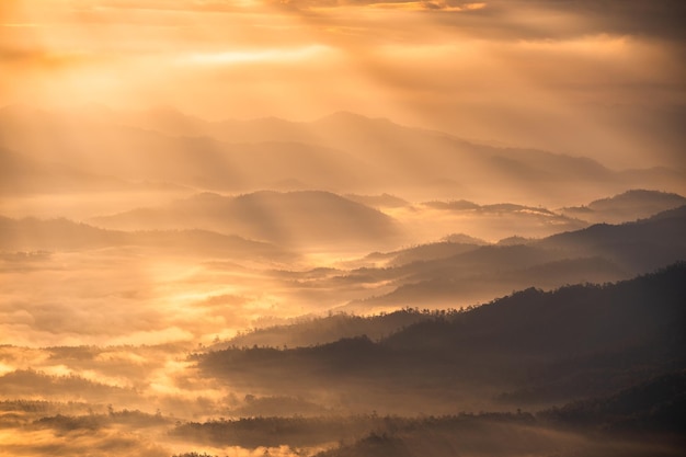 Schöner dramatischer Sonnenaufgang, der auf dem Berg scheint, mit Nebel im Tal im Nationalpark