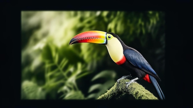 Schöner farbenfroher Tukanvogel auf einem Zweig im Regen