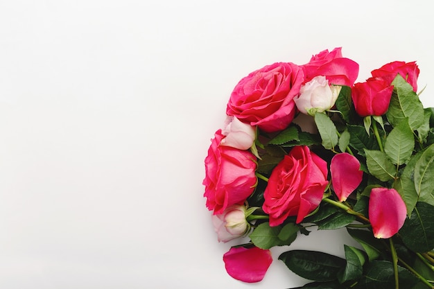 schöner festlicher Strauß frischer Blumen rosa rote Rosen als Geschenk mit Kopienraum
