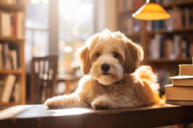 Schöner, flauschiger weißer Hund, der im Buchcafé sitzt. Haustierfreundliches Konzept