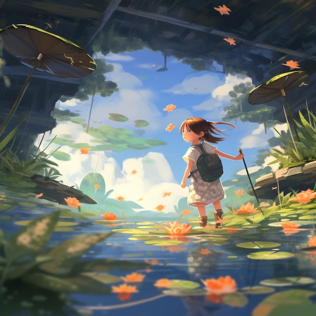 Schöner, friedlicher Anime-Teich mit Seerosen-Hintergrundbild, KI-generierte Kunst