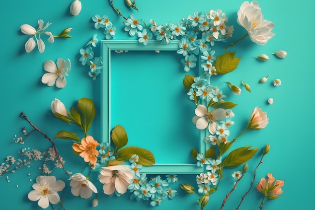 Schöner Frühlingsnaturhintergrund mit reizender Blüte, Blütenblatt a auf türkisblauem Hintergrundrahmen