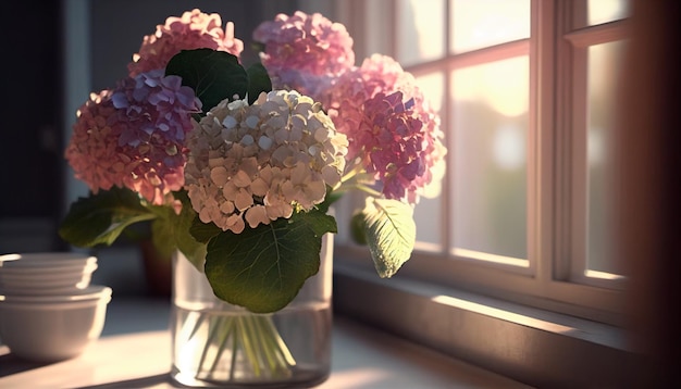 Schöner Frühlingsstrauß aus rosafarbenen Hortensienblüten Hydrangea-Blumen in Vase auf dem Tisch gegen Licht