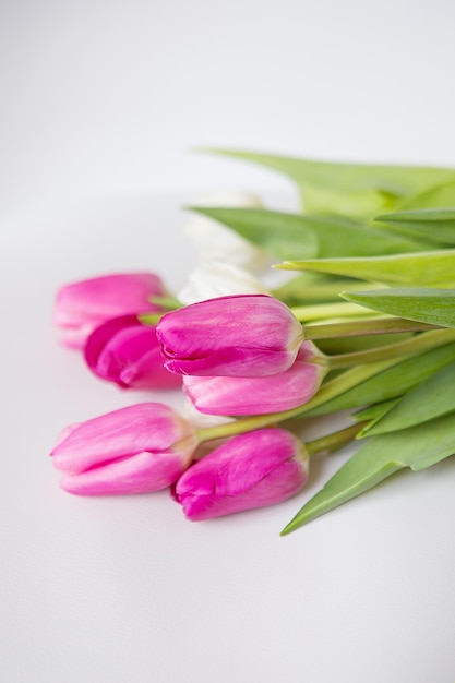 Schöner Frühlingsstrauß mit rosa und weißen Tulpen auf weißem Hintergrund. Postkarte für die Feiertage.