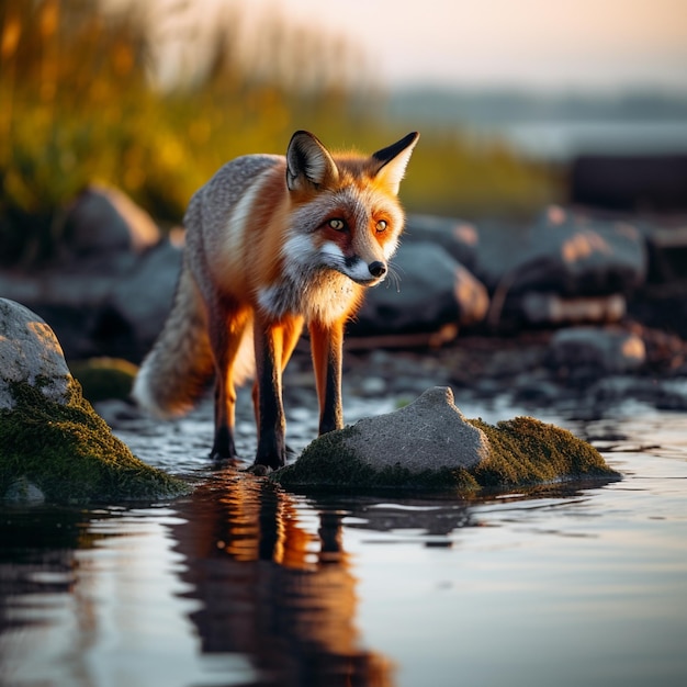 Schöner Fuchs steht auf ein paar Steinen über der Wasseroberfläche