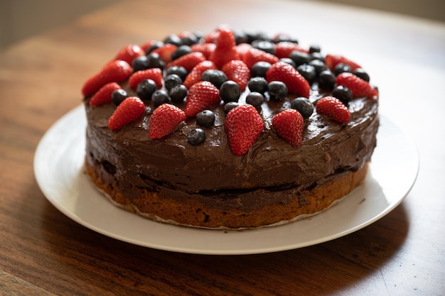 Foto schöner ganzer hausgemachter veganer schokoladenkuchen, dekoriert mit frischen blaubeeren und erdbeeren