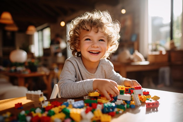 Foto schöner glücklicher junge, der mit ziegeln spielt. generative ki