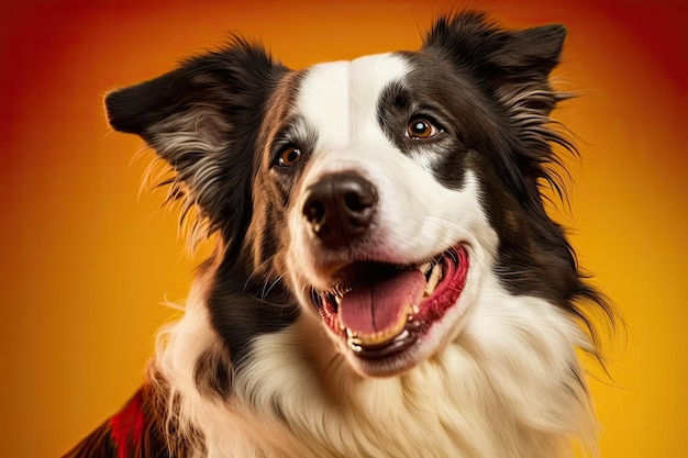 Schöner glücklicher roter und weißer Border Collie auf einem hellen lebhaften gelben Hintergrund