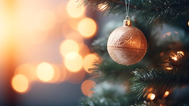 Schöner goldener Weihnachtsball auf einem weihnachtsbaum Zweig verschwommenen Hintergrund mit Lichtern