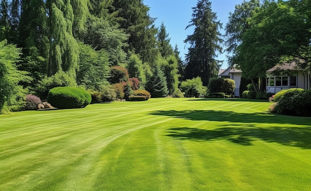 Schöner grüner Rasen und Haus im Park Frühlingslandschaft Gartenrasen