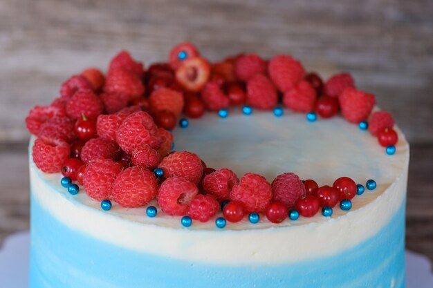 Schöner hausgemachter Kuchen mit Weiß- und Blauschimmelkäsecreme sowie Himbeer- und Johannisbeerbeeren