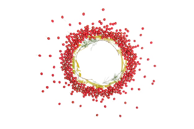 Schöner heller Kranz von roten Beeren auf einem Weiß lokalisierte Hintergrund Kopieren Sie Raum, Ebenenlage